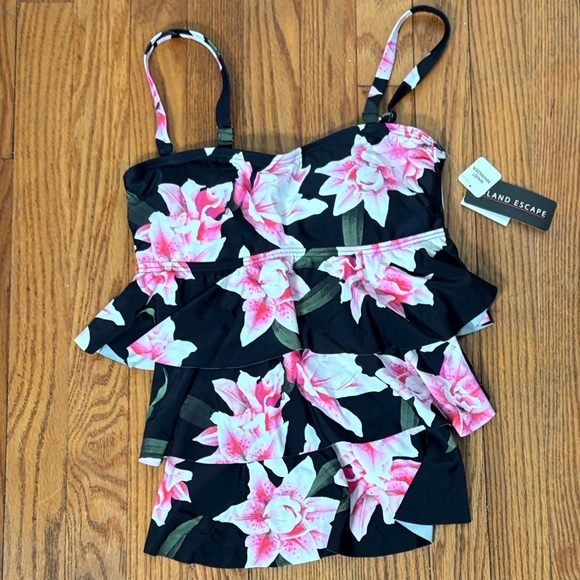 ISLAND ESCAPE Triple Tier Bandeau Tankini Top sz 6 Black Pink Swimwear NWT - Picture 3 of 10